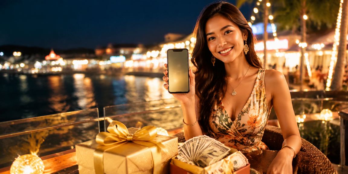 Suasana pasar malam Vietnam dengan layar aplikasi casino yang menyala penuh warna di keramaian