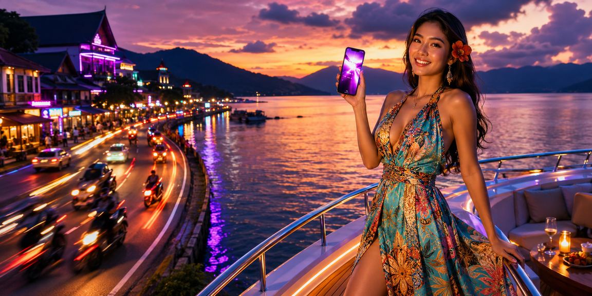 Tampilan neon kasino mobile yang cerah dengan antarmuka permainan di layar smartphone